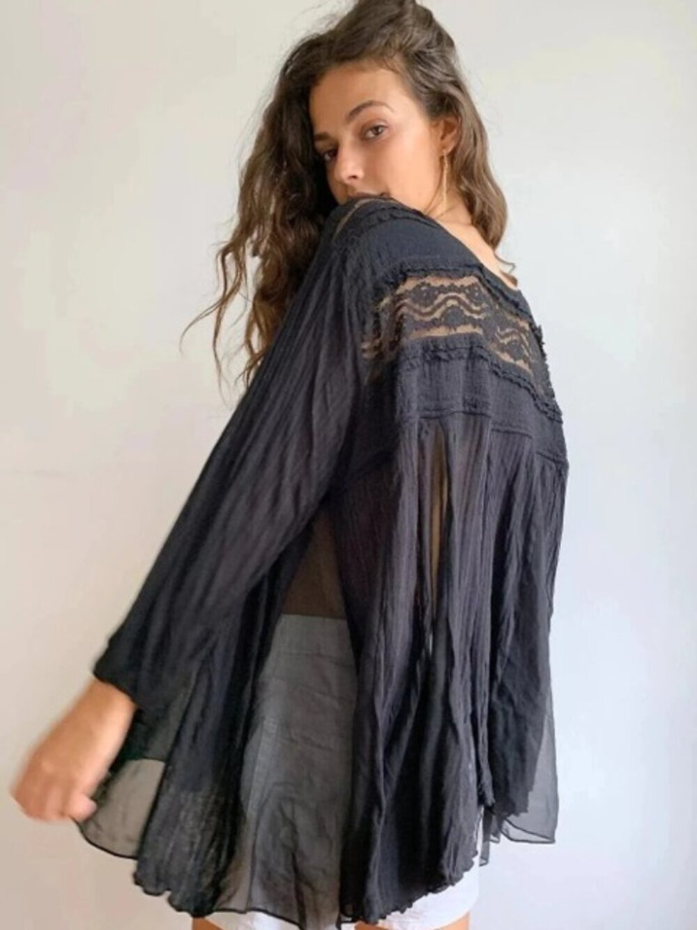 Free People Penny Lane Sheer Black Gauzy Top BoHo Whimsy Fairy Tunic Blouse XS